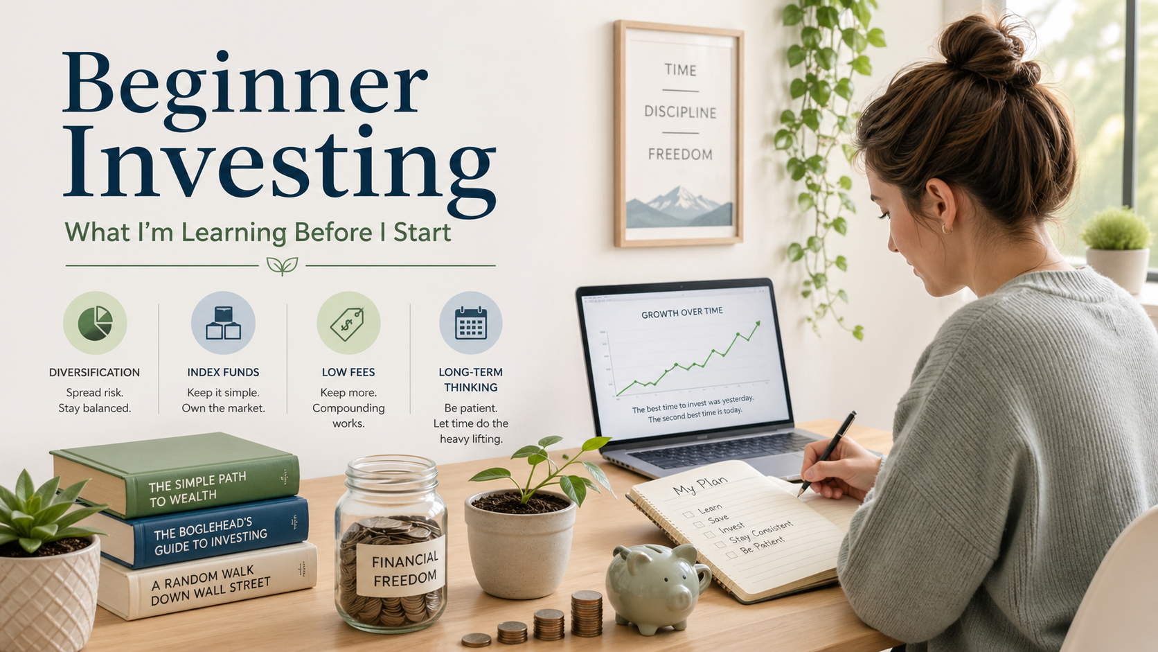 Beginner investor learning about funds, saving money, and long-term financial freedom.