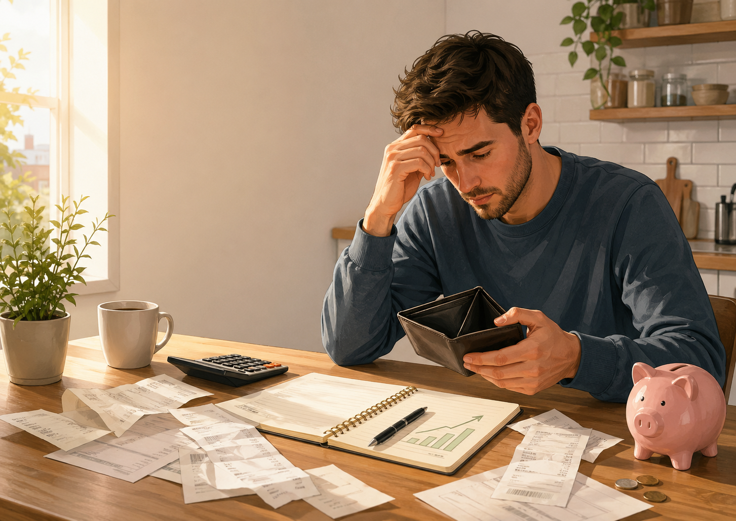 Man reviewing bills and an empty wallet while learning from financial mistakes and planning better money habits.