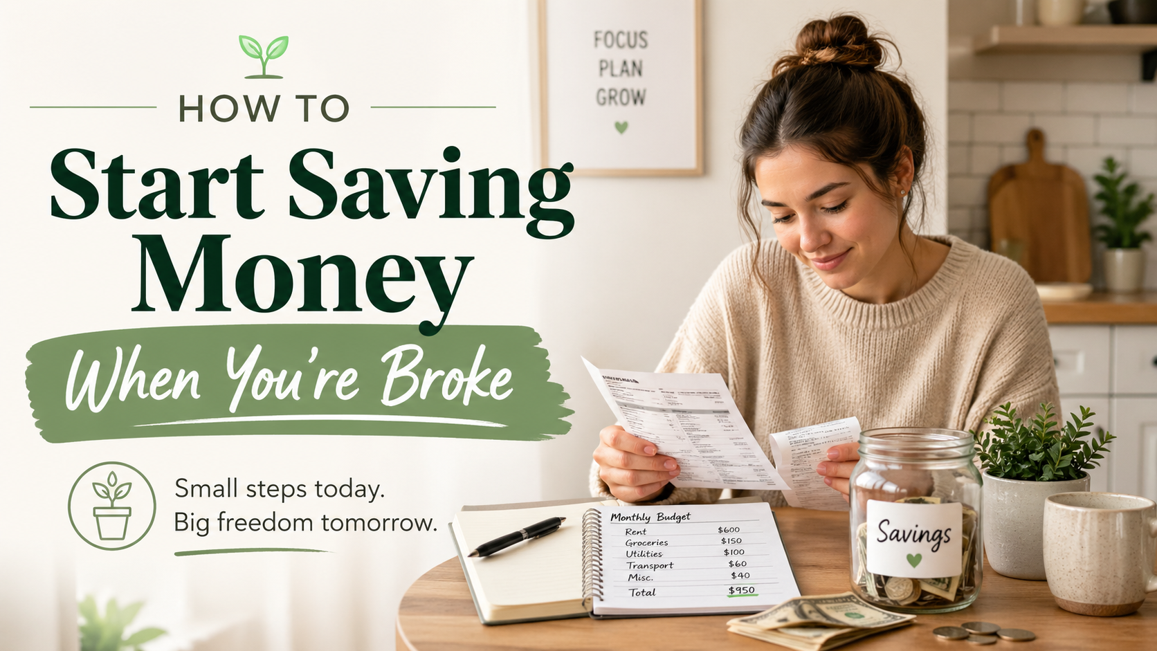 Person budgeting with bills and a savings jar while learning how to start saving money when broke